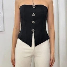 Straplez Düğme Detaylı Crop Bluz